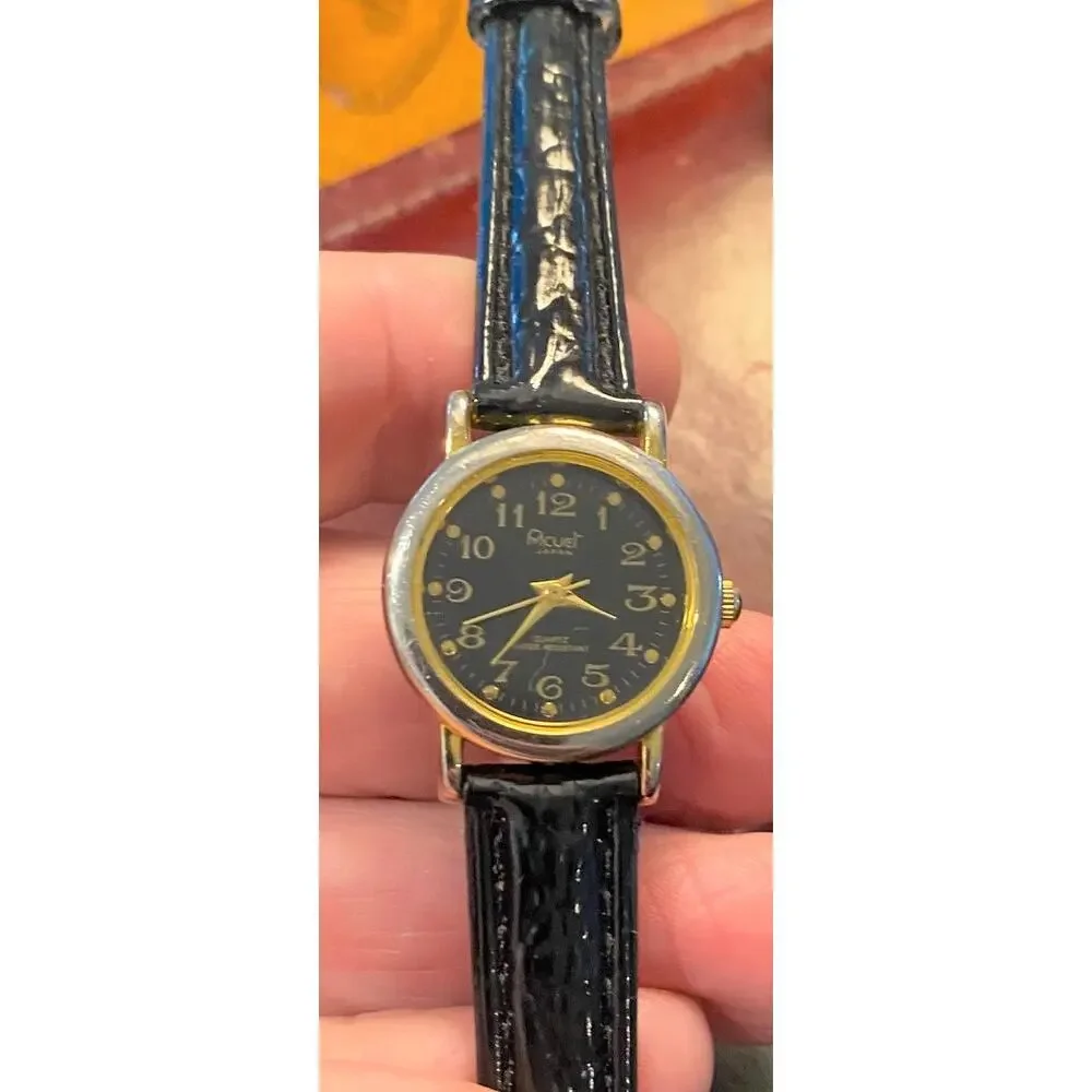 Women's 24mm Acuet Quartz Watch, Gold Tone, Black Face, Leather Band
